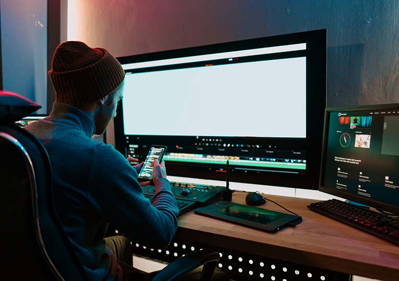 Male Video Editor sitting at his Computer using phone blank screen